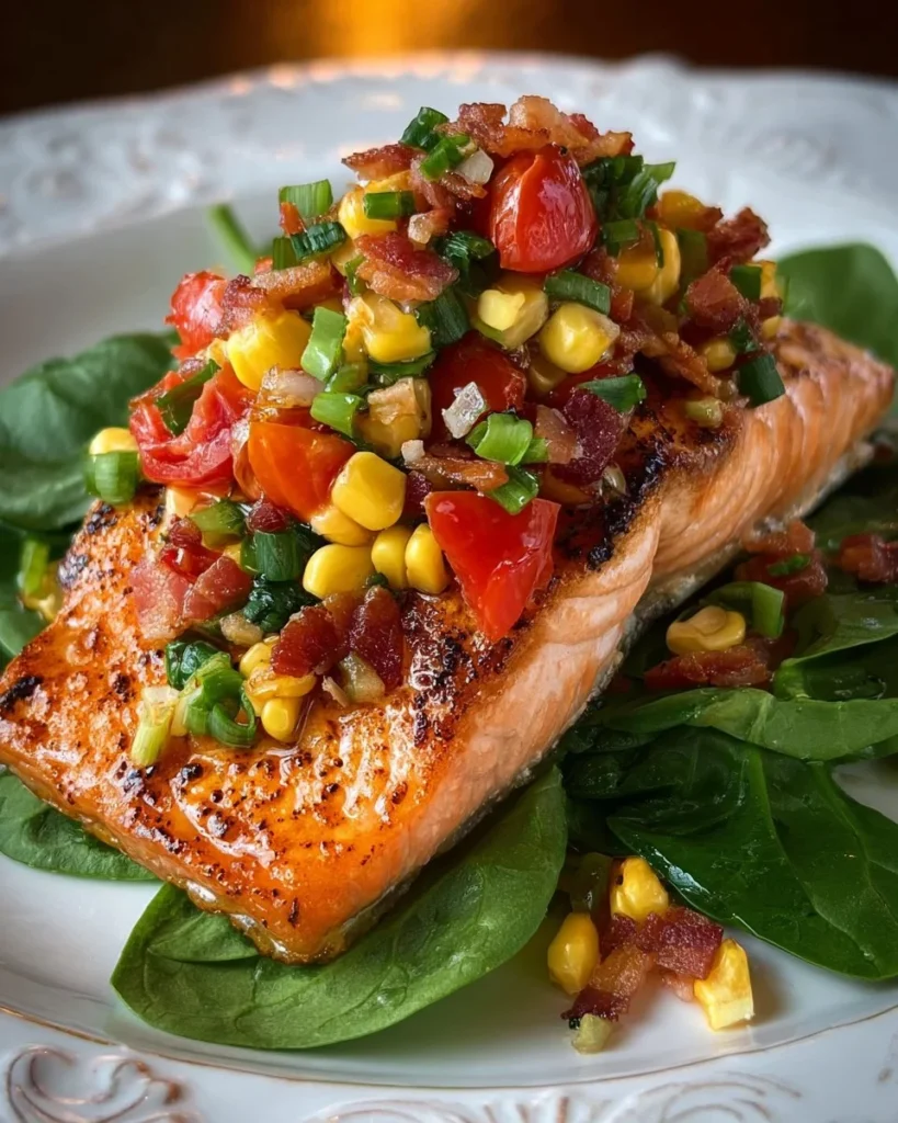 Grilled salmon topped with warm bacon corn relish on a plate.