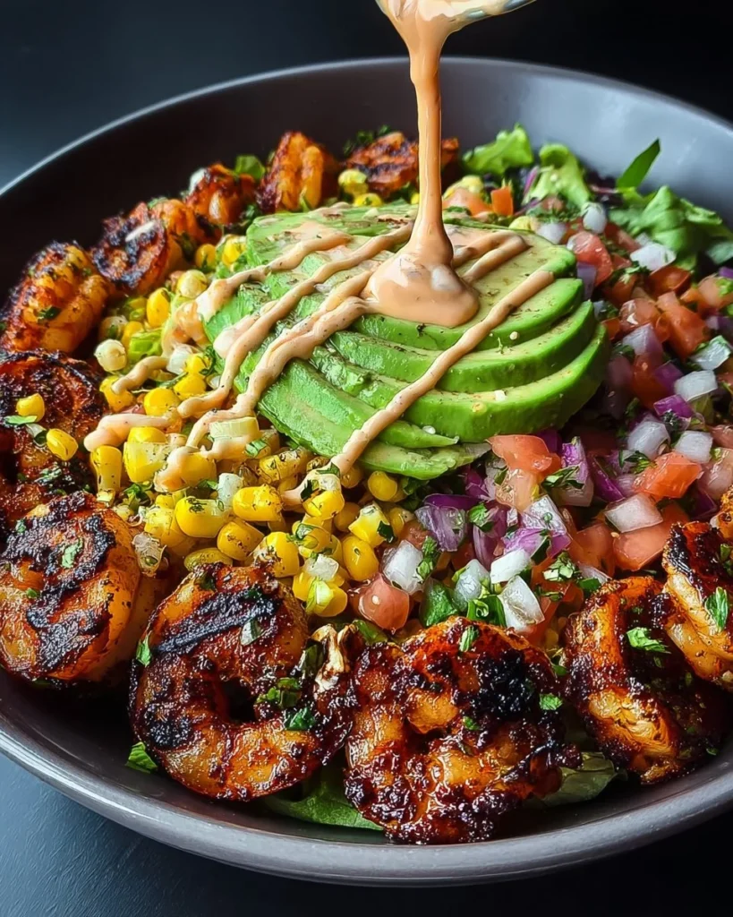 Grilled shrimp bowl with avocado, corn salsa, and creamy garlic sauce.