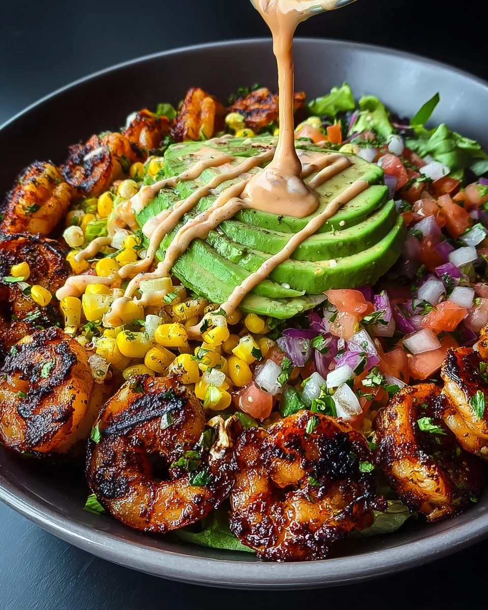 Grilled shrimp bowl with avocado, corn salsa, and creamy garlic sauce.