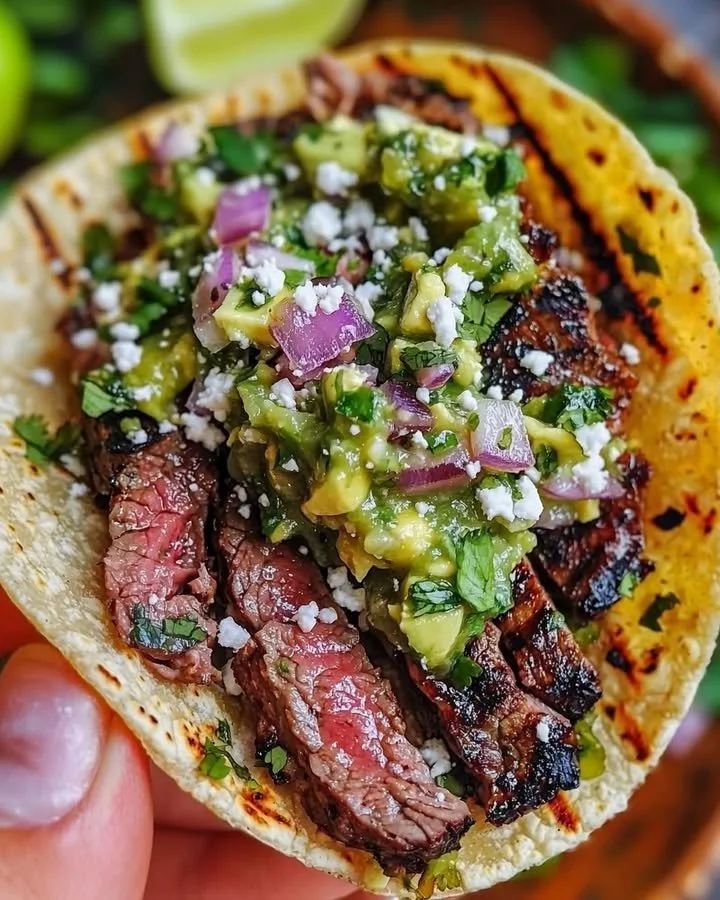 Grilled steak tacos served with fresh avocado salsa on a tortilla