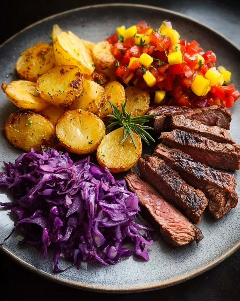 Grilled steak served with roasted sweet potatoes and mango salsa