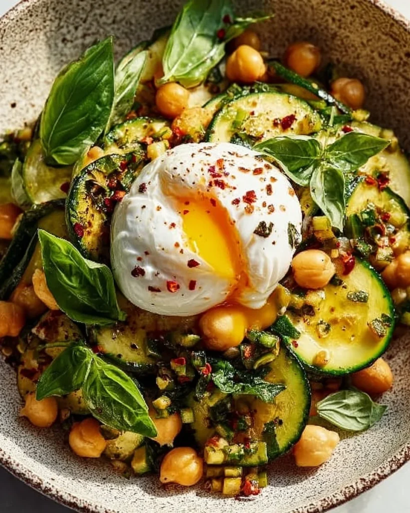 Grilled zucchini salad with chickpeas, burrata, and chili sauce served on a plate