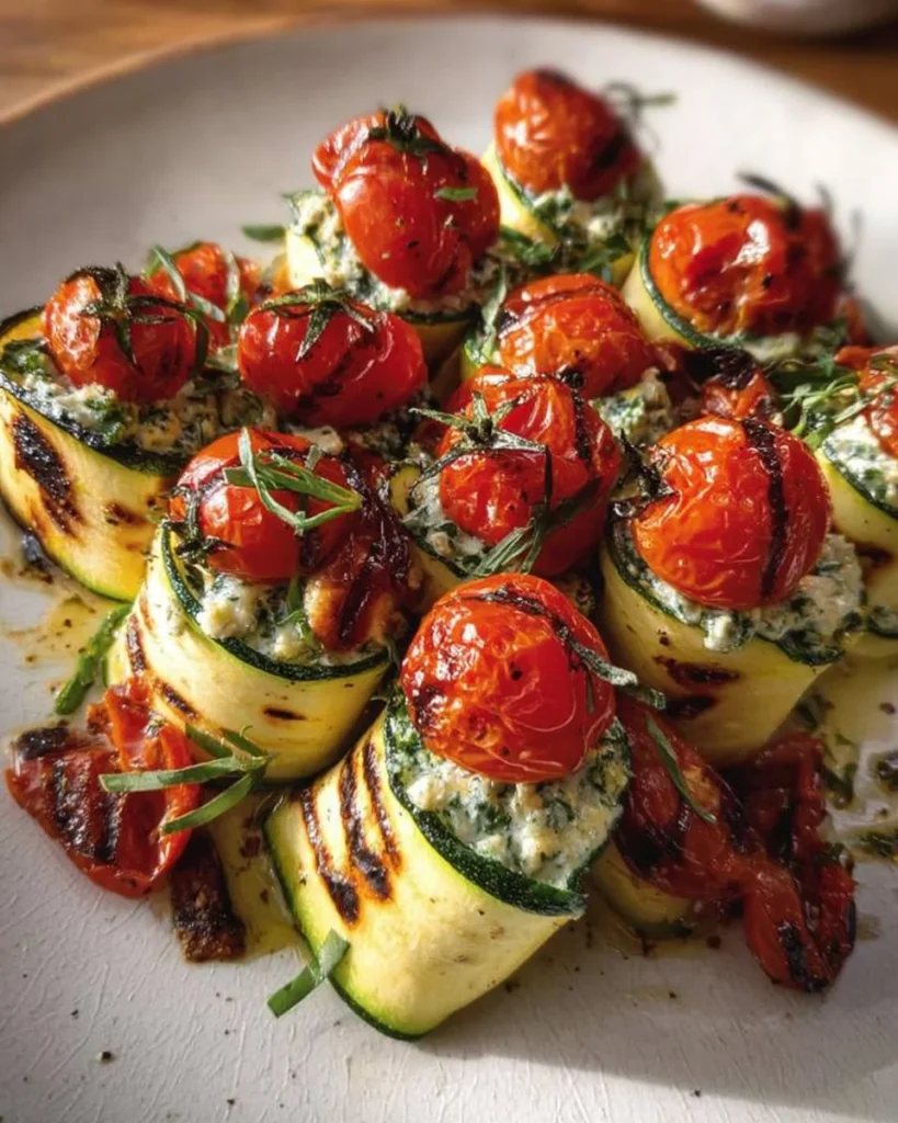 Grilled zucchini rollups filled with lemon-basil ricotta and slow-roasted tomatoes