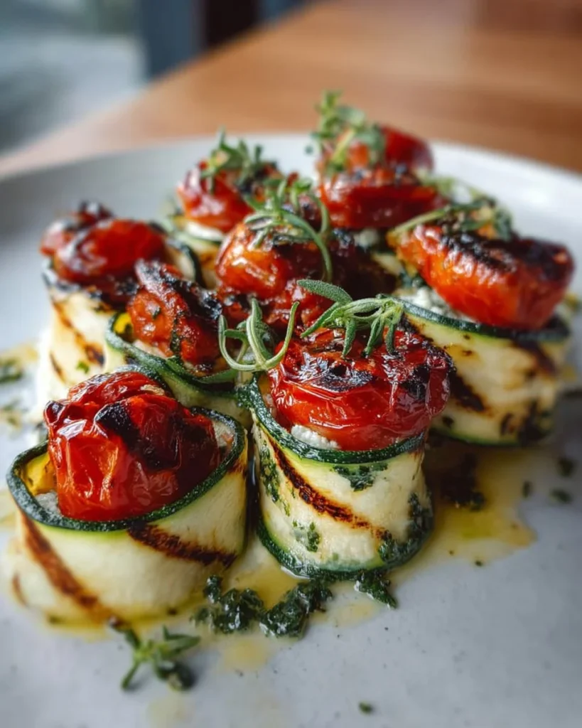 Grilled zucchini rollups filled with lemon-basil ricotta and slow-roasted tomatoes