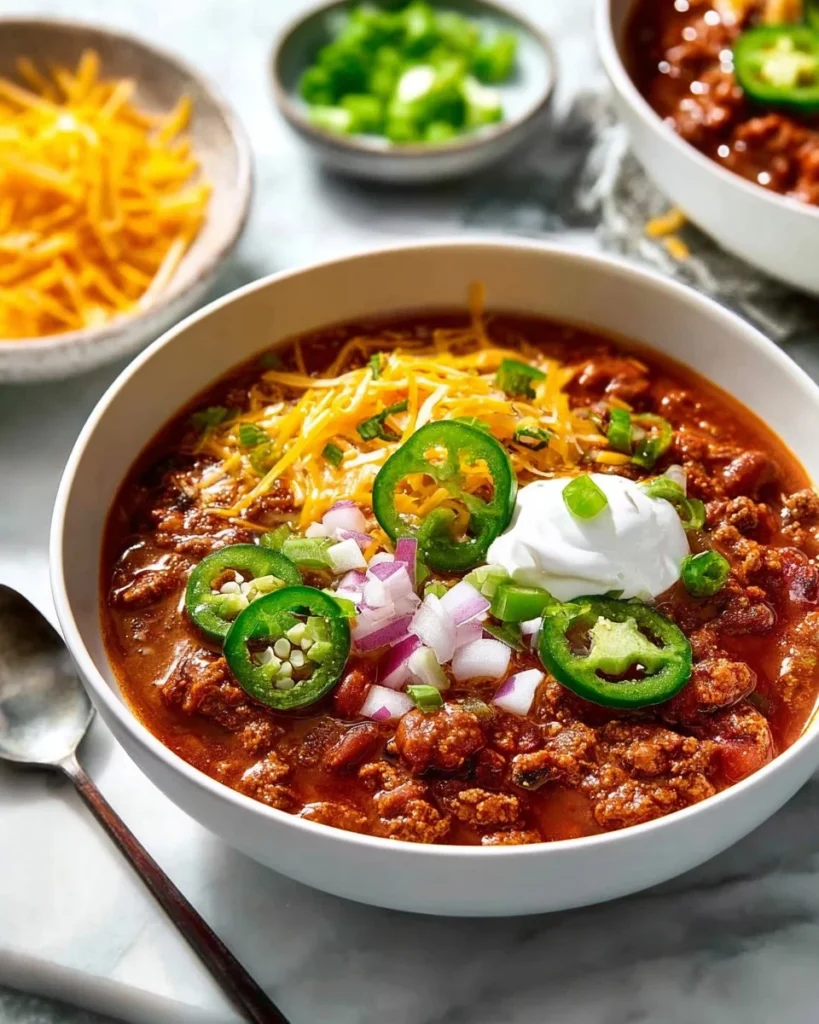 Bowl of flavorful Ground Beef Chili topped with cheese and herbs.