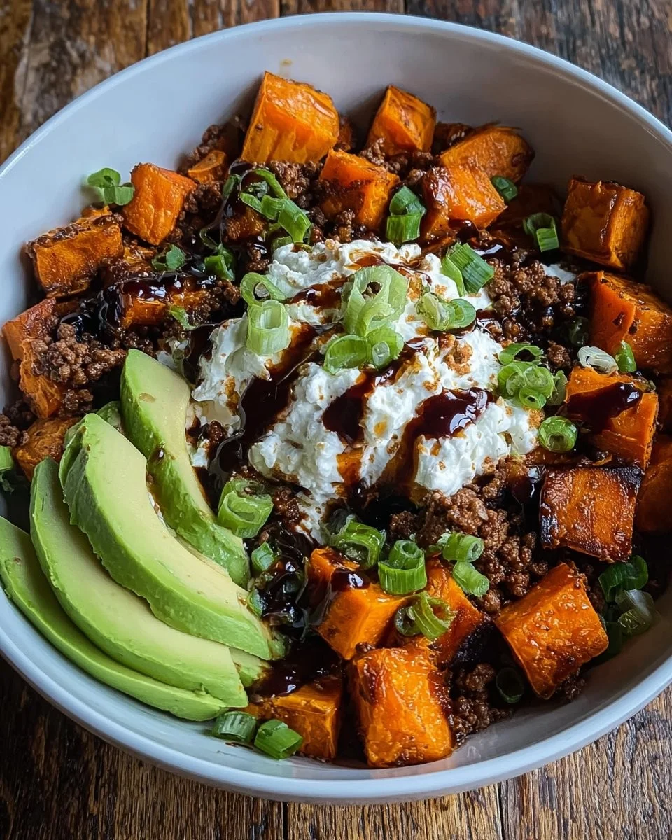 Ground Beef Sweet Potato Bowl topped with fresh herbs and served in a bowl.