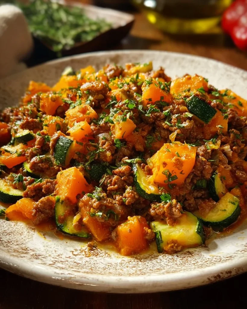 Ground beef zucchini and sweet potato skillet dish served in a pan.