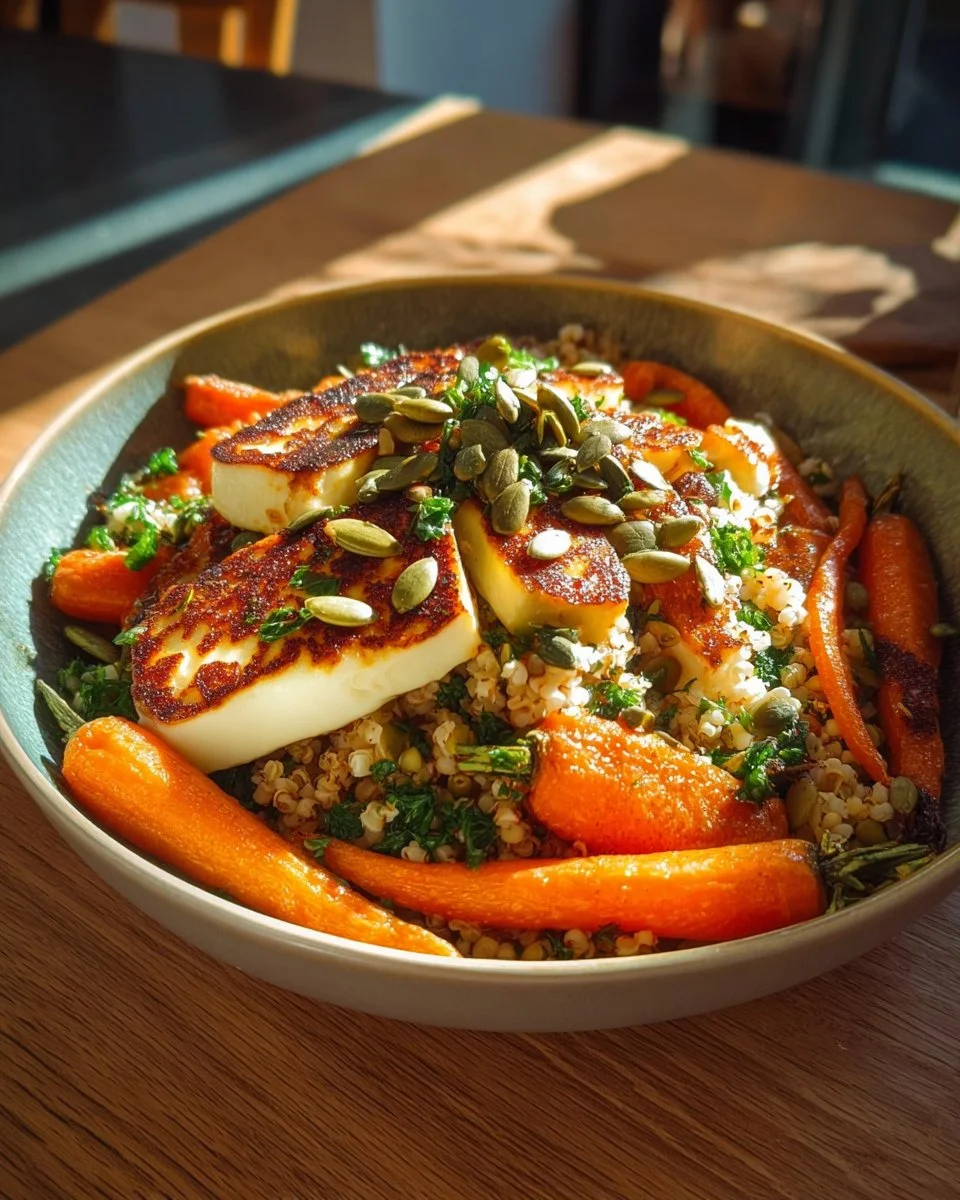 Halloumi and roasted carrots salad with bulgur on a wooden table