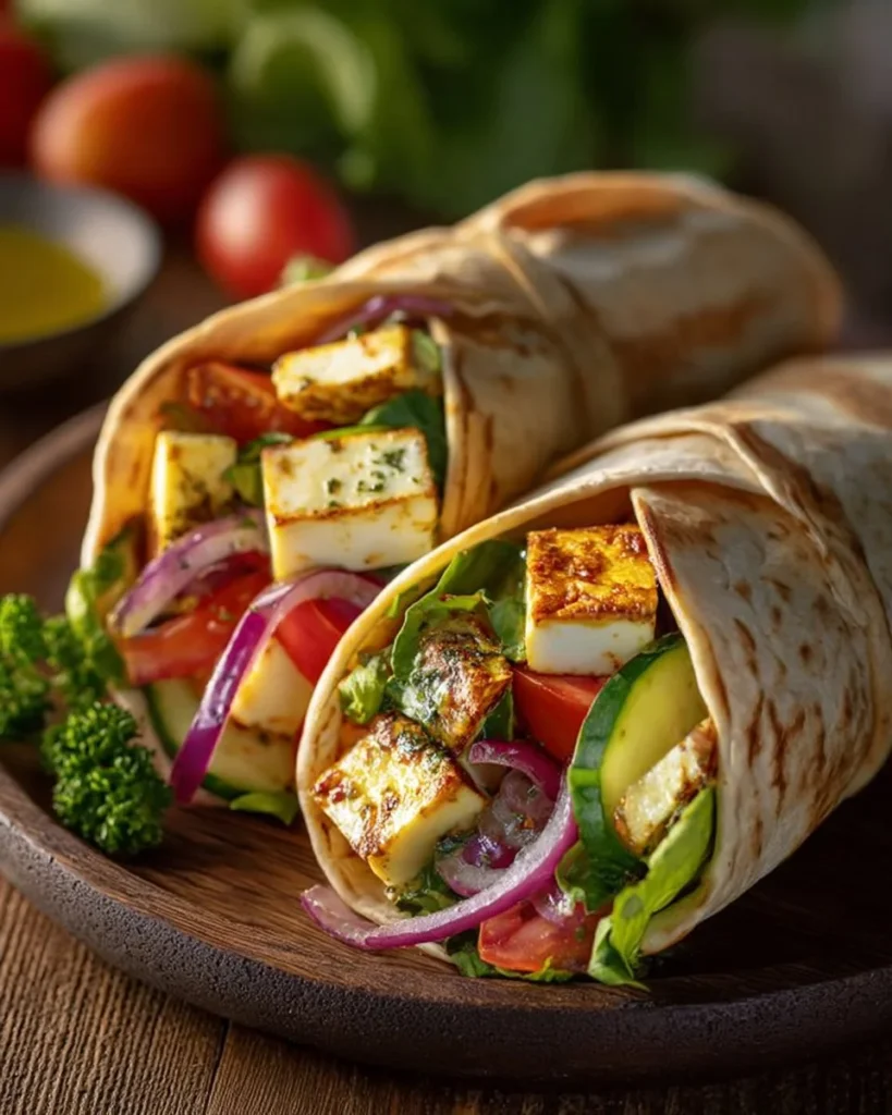 Delicious Halloumi and roasted veggie pita wraps filled with fresh ingredients.