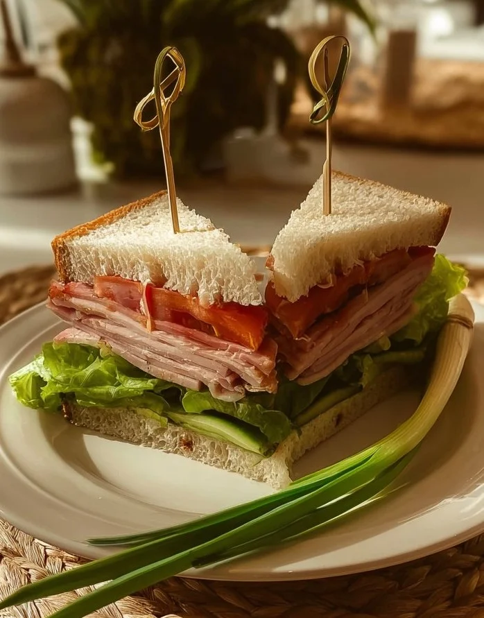 Delicious Ham and Swiss Sandwich with fresh ingredients on a wooden table