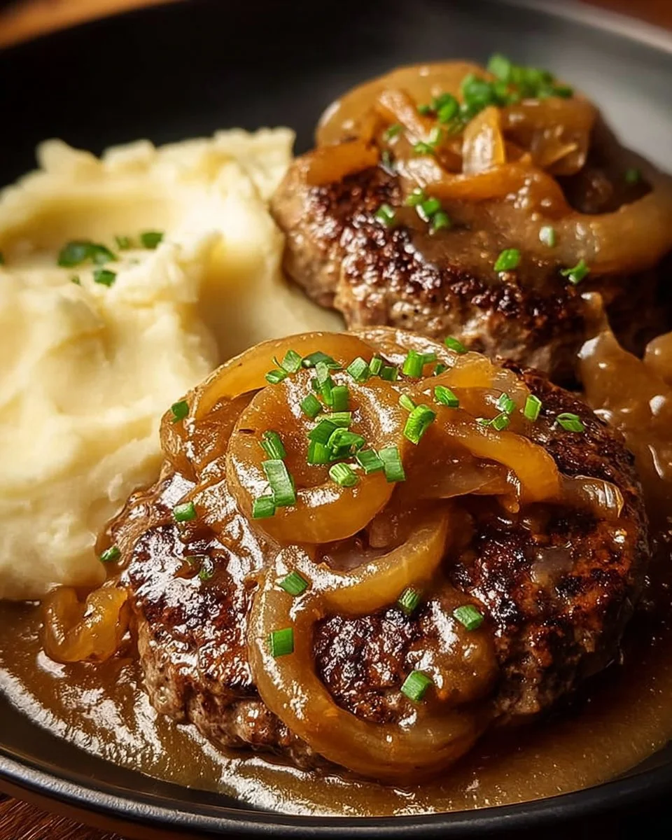 Cooked hamburger steaks served with savory onion gravy on a plate
