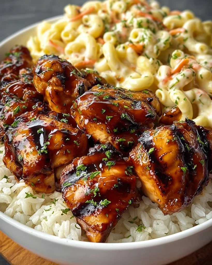 Delicious Hawaiian Barbecue Chicken served with macaroni salad.