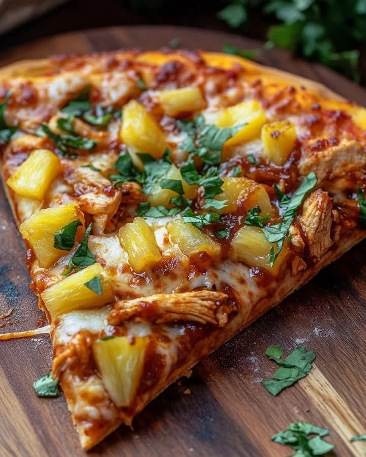 Delicious Hawaiian BBQ Chicken Pizza topped with chicken, pineapple, and BBQ sauce.