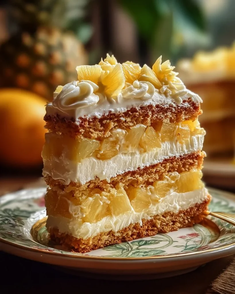 A delicious slice of Hawaiian Pineapple Cake topped with whipped cream and pineapple slices.