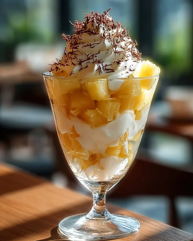 Hawaiian Pineapple Coconut Fluff dessert in a bowl with tropical decorations.