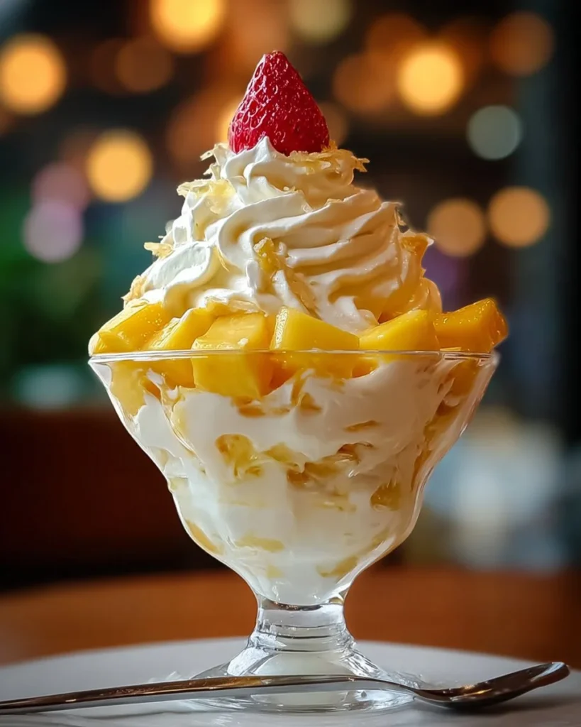 Hawaiian Pineapple Coconut Fluff dessert in a bowl with tropical garnishes.