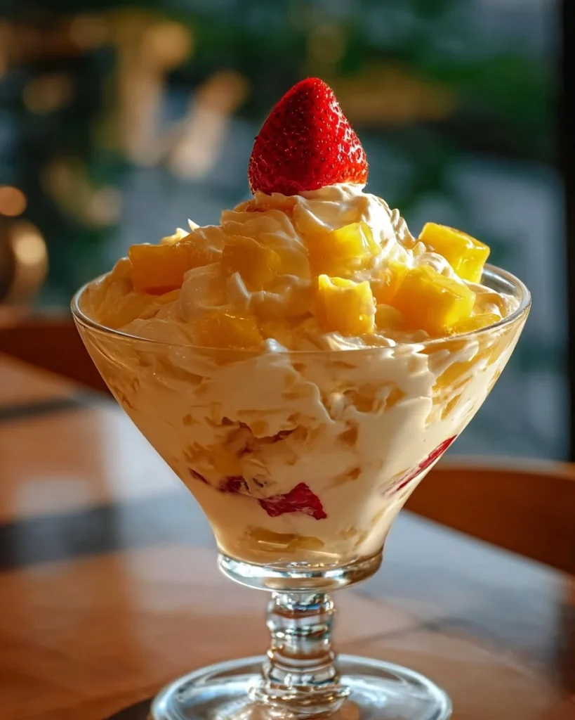 Bowl of Hawaiian Pineapple Coconut Fluff dessert topped with coconut and pineapple chunks