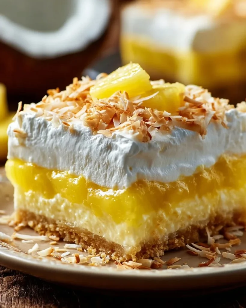 Delicious Hawaiian Pineapple Coconut Lush dessert with tropical toppings