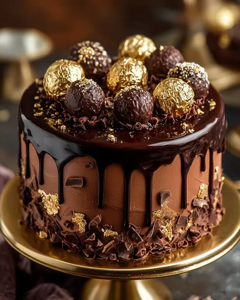 Decadent Hazelnut Chocolate Truffle Cake decorated with Ferrero Rocher