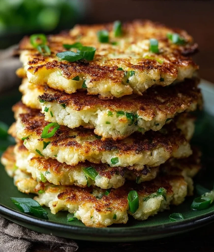 Plate of healthy cauliflower fritters garnished with herbs.