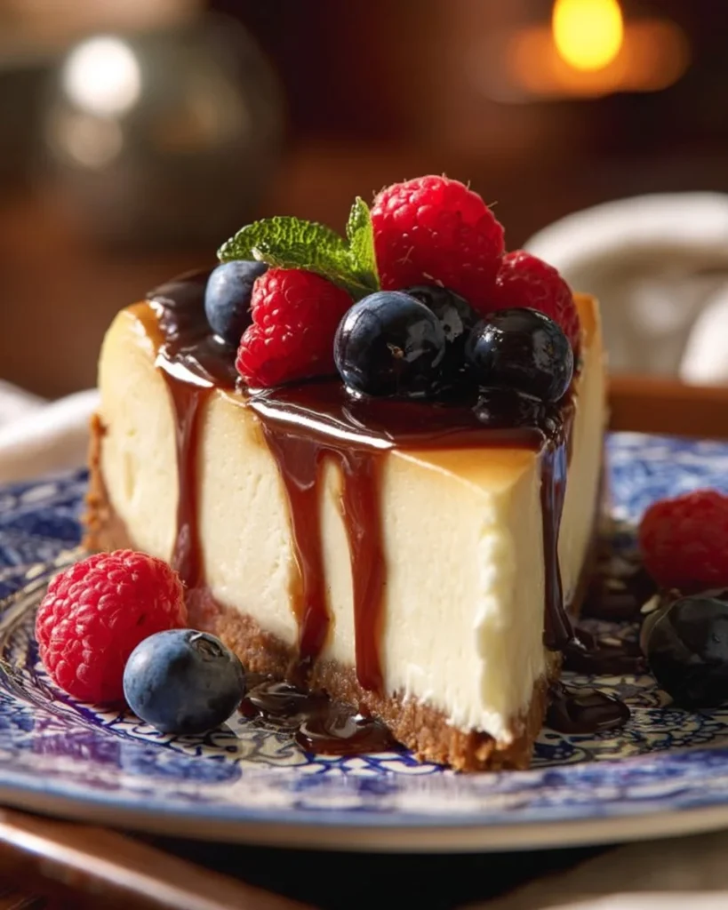 Healthy cheesecake slice topped with fresh berries on a plate