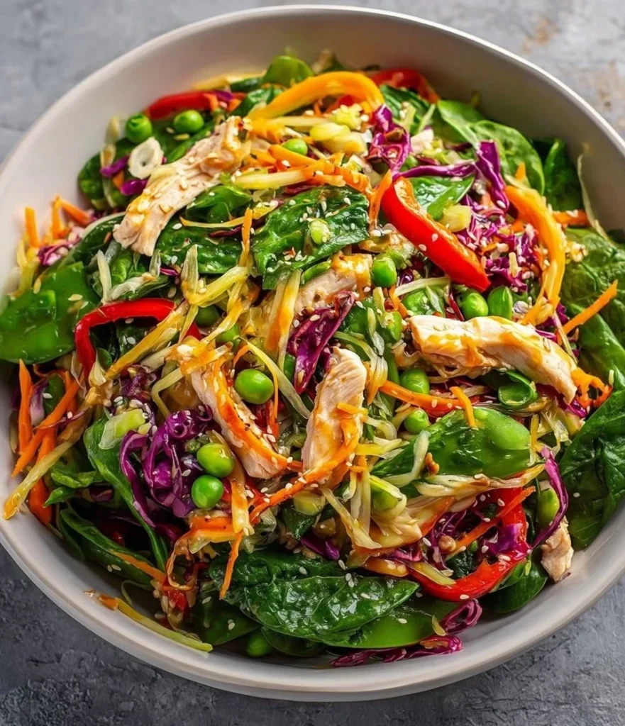 Bowl of healthy Chinese chicken salad with fresh vegetables and grilled chicken