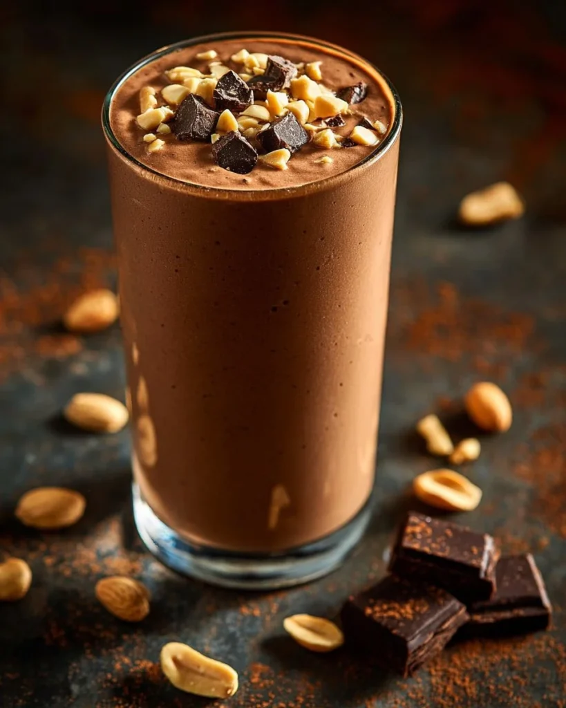 Healthy chocolate peanut butter smoothie in a glass with a straw