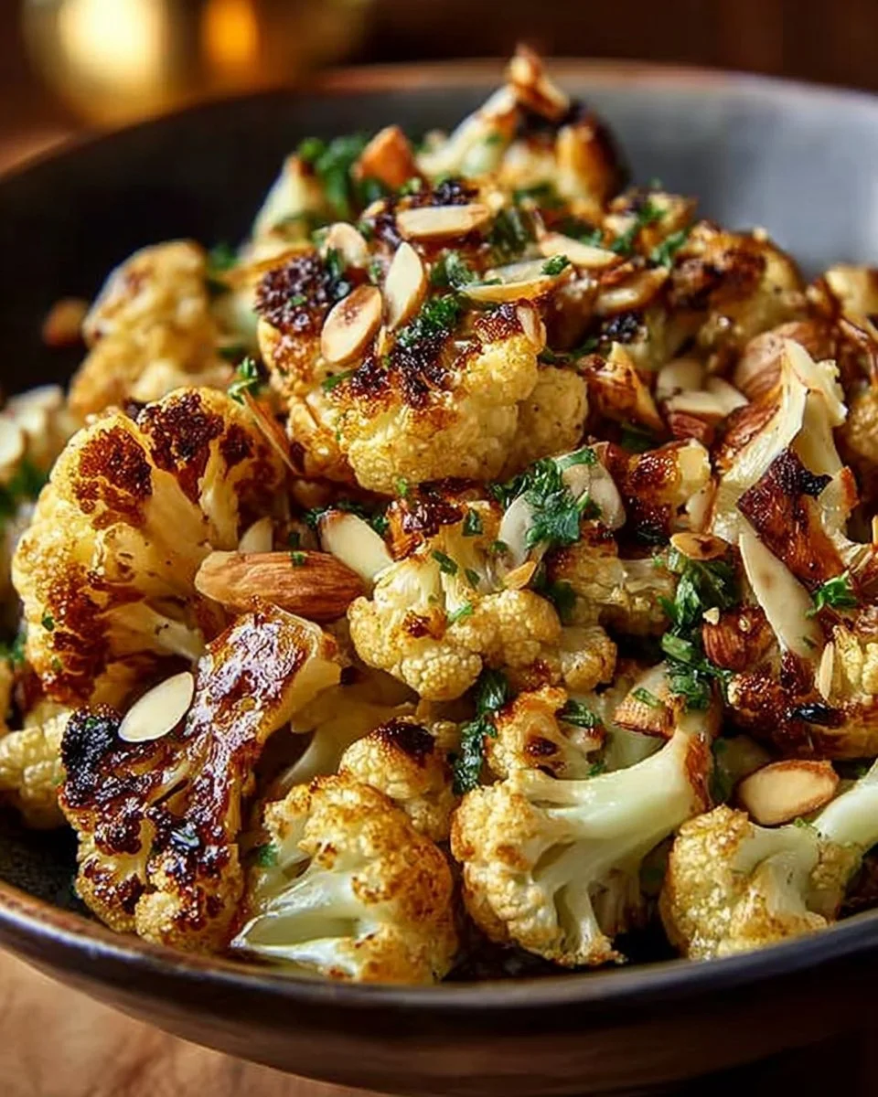 Healthy honey curry roasted cauliflower with nuts garnished on a plate