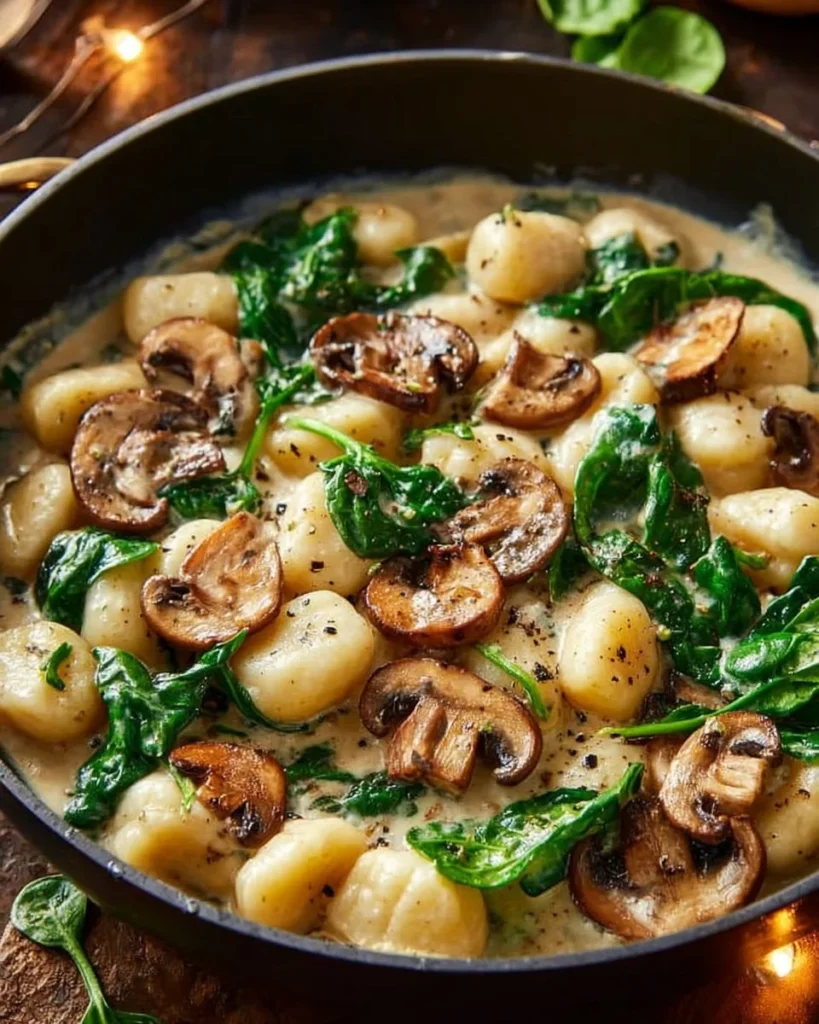 One pan spinach mushroom gnocchi dish with fresh ingredients