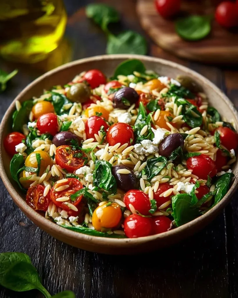 Bowl of healthy orzo salad with fresh vegetables and dressing