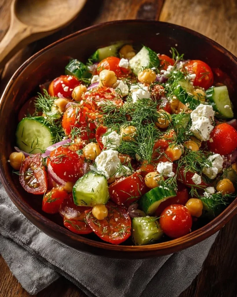 Bowl of healthy spicy chickpea salad with fresh vegetables and spices