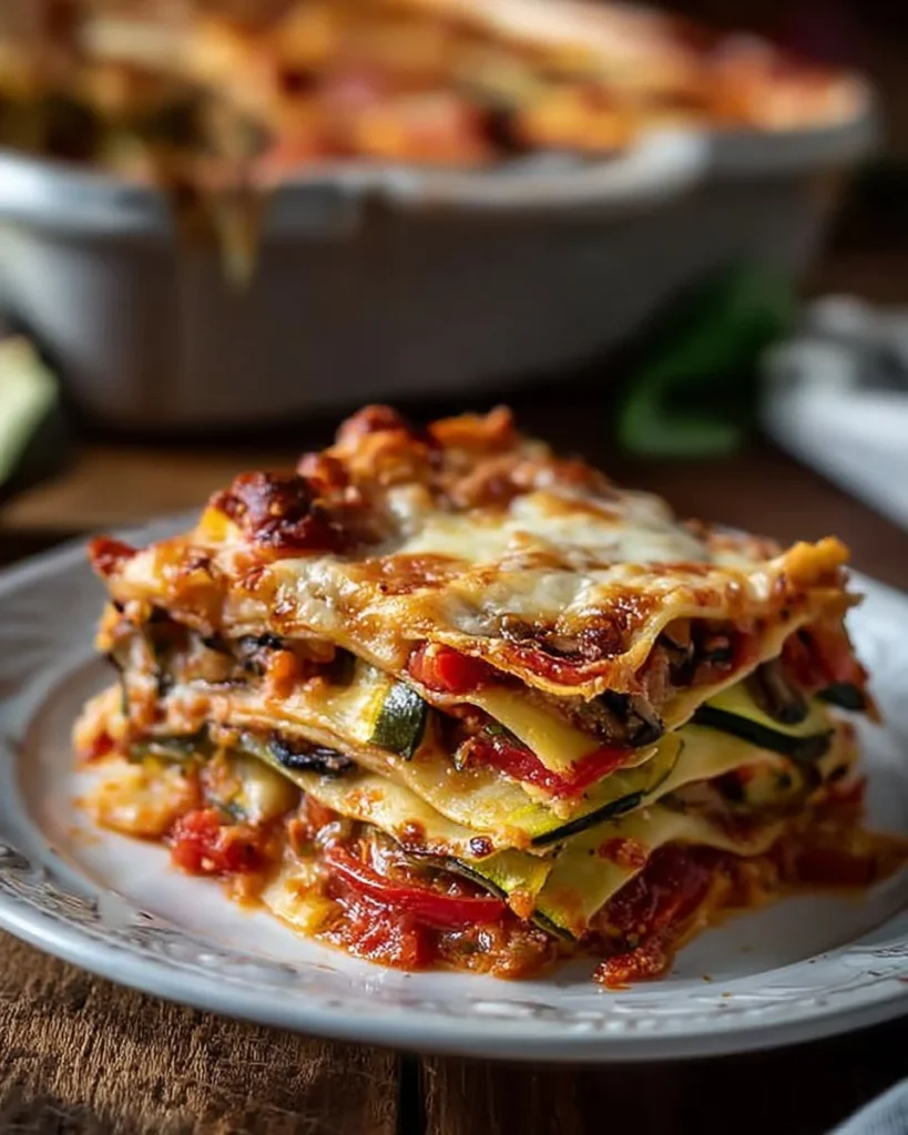 Healthy zucchini mushroom lasagna layered with veggies and cheese