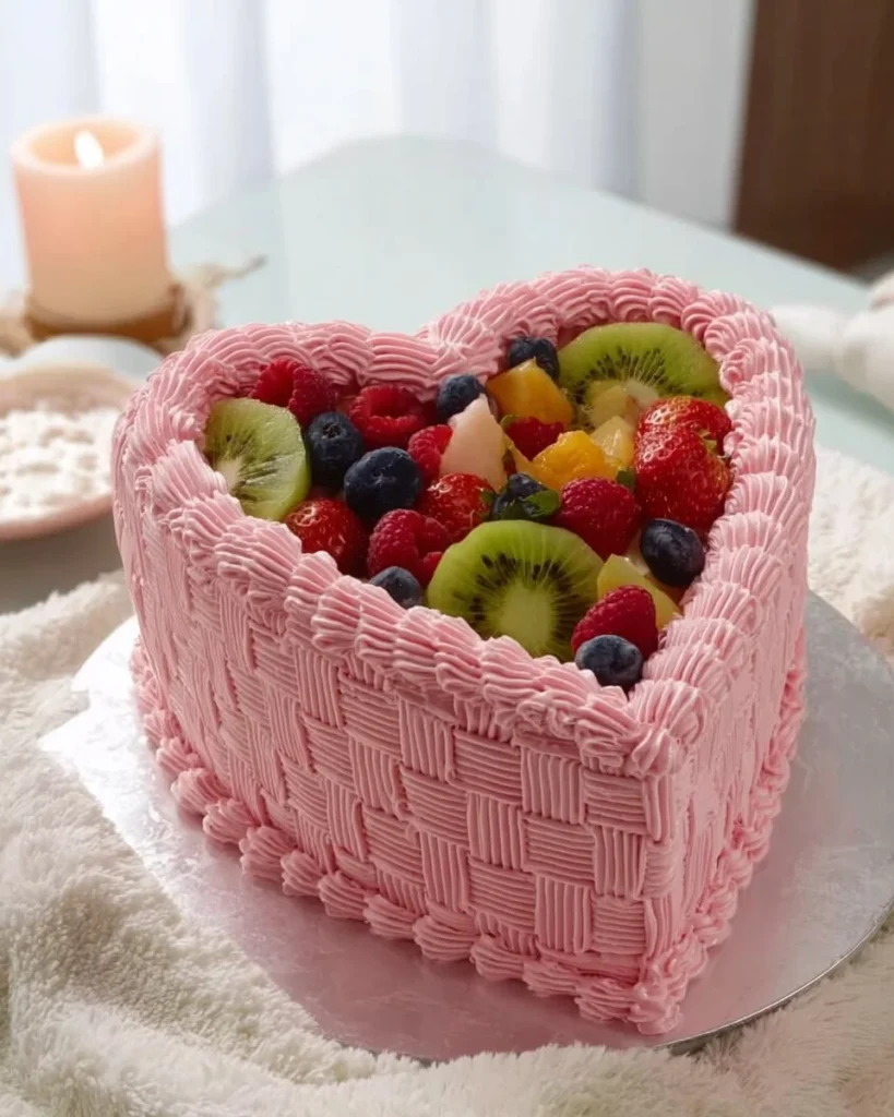 Heart-shaped basket cake adorned with vibrant fresh fruits for a festive occasion