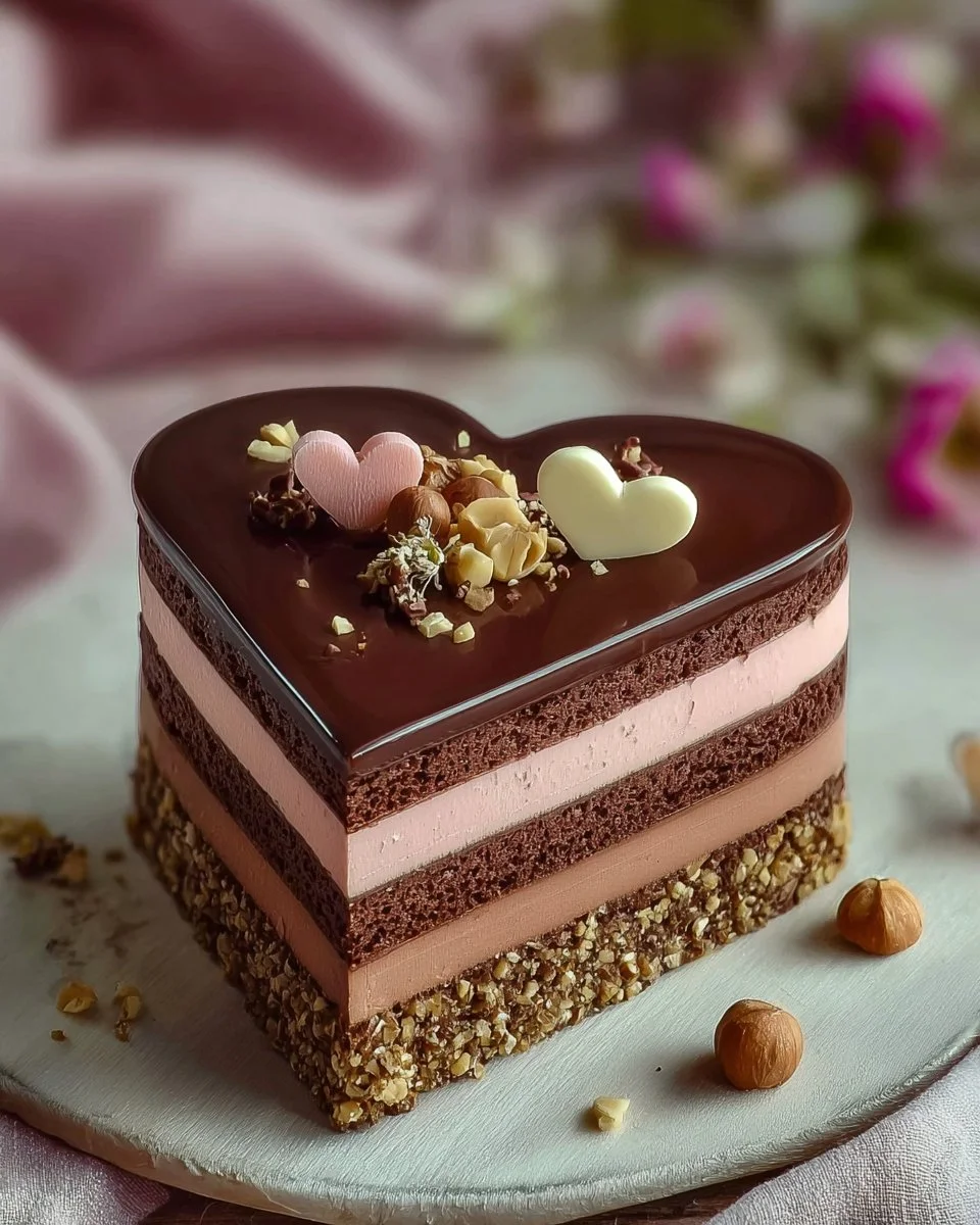 Heart-shaped chocolate hazelnut mousse cake decorated with chocolate shavings