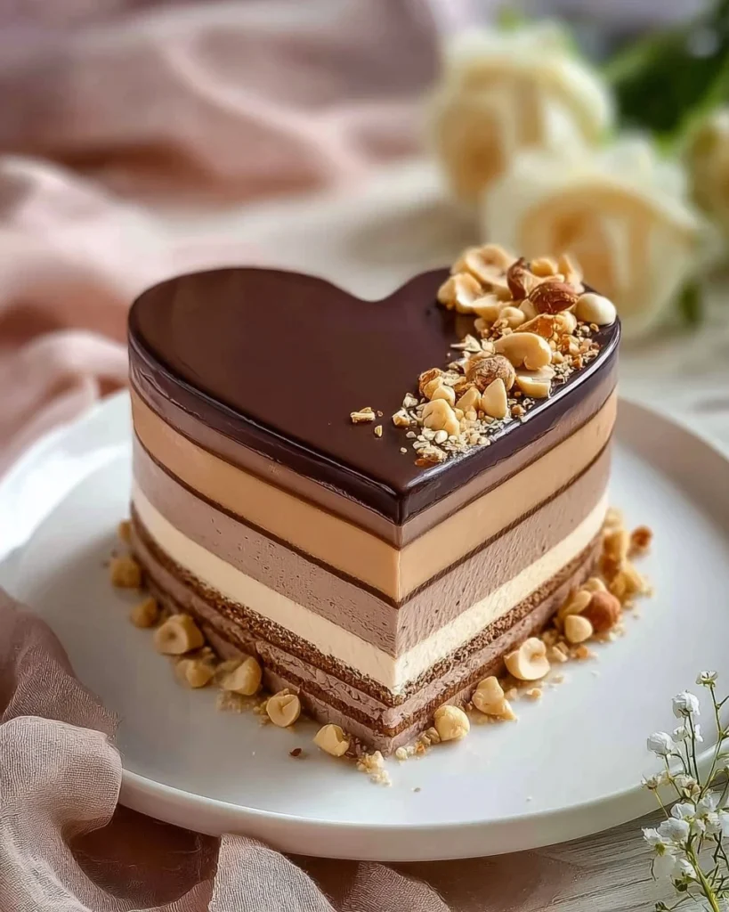 Heart-shaped chocolate hazelnut mousse cake with creamy layers and chocolate decor
