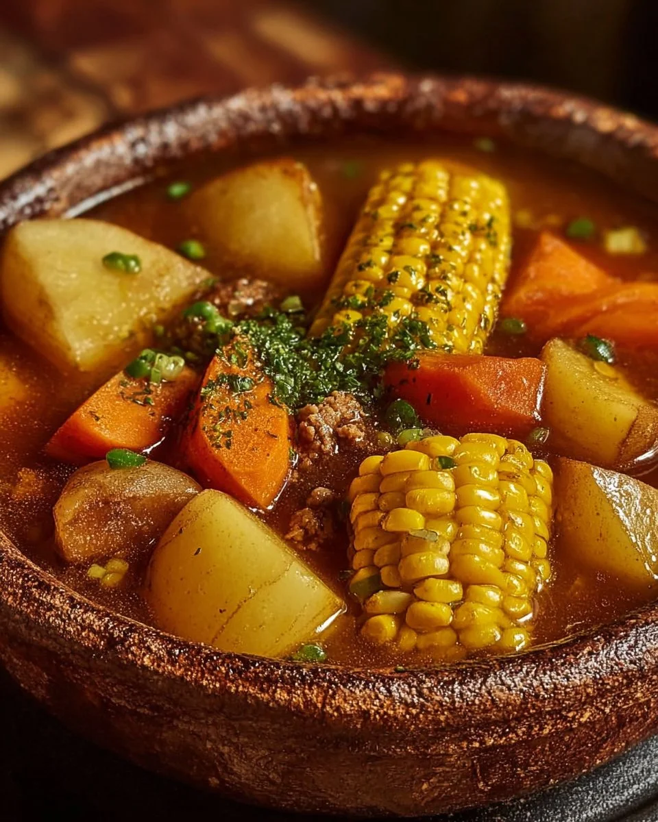 Delicious campfire ground beef stew simmering in a pot outdoors