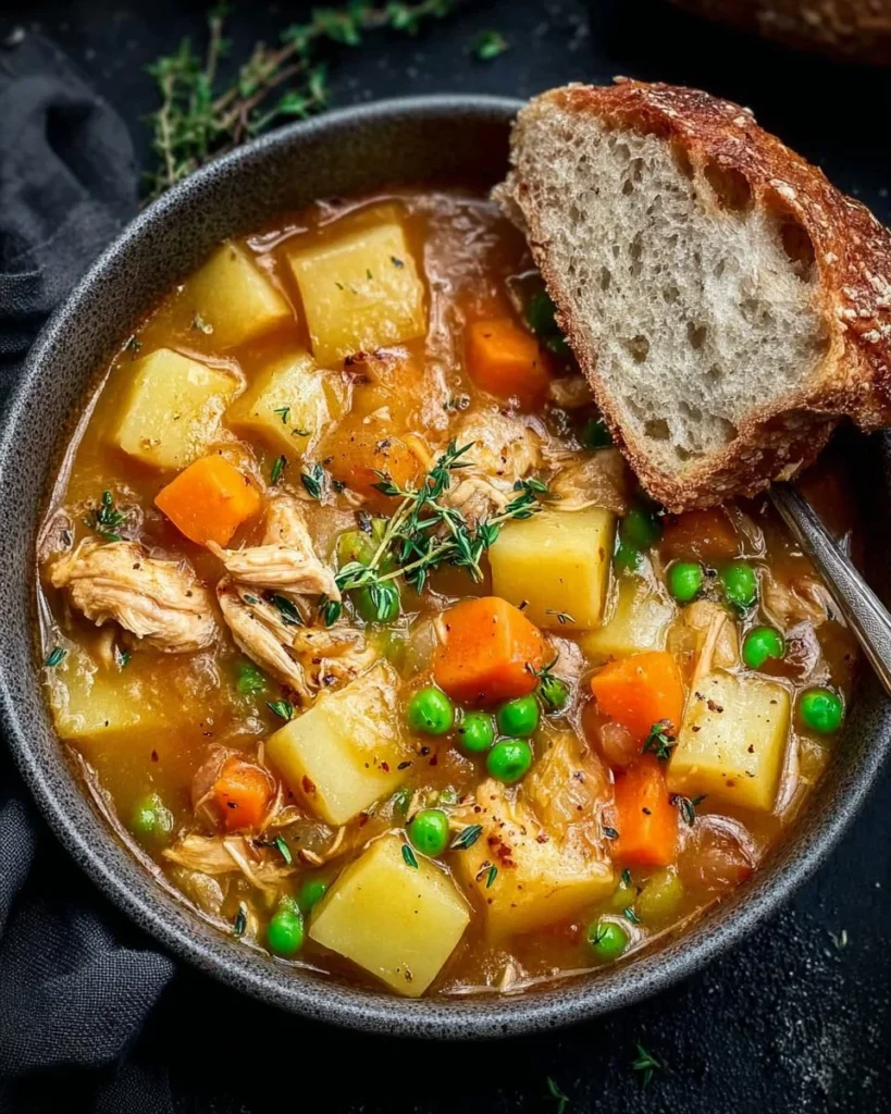 A bowl of hearty chicken and vegetable stew with fresh ingredients.