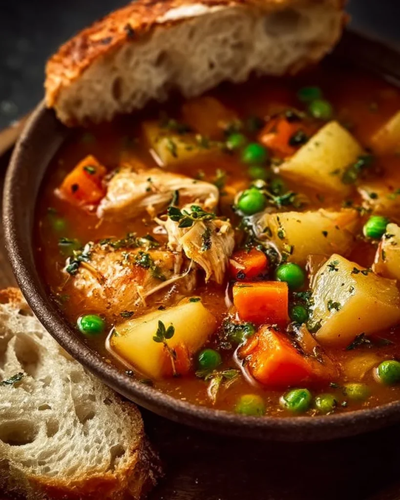 Hearty chicken and vegetable stew in a rustic bowl