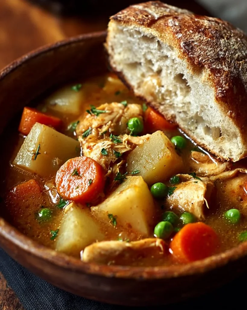 Bowl of hearty chicken stew with vegetables, served warm on a wooden table.