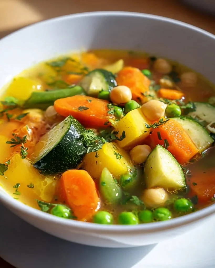A bowl of hearty chicken vegetable soup with fresh vegetables and tender chicken.