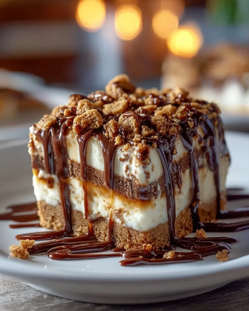 Delicious Heath Bar Poke Cake with chocolate sauce and crushed Heath bars