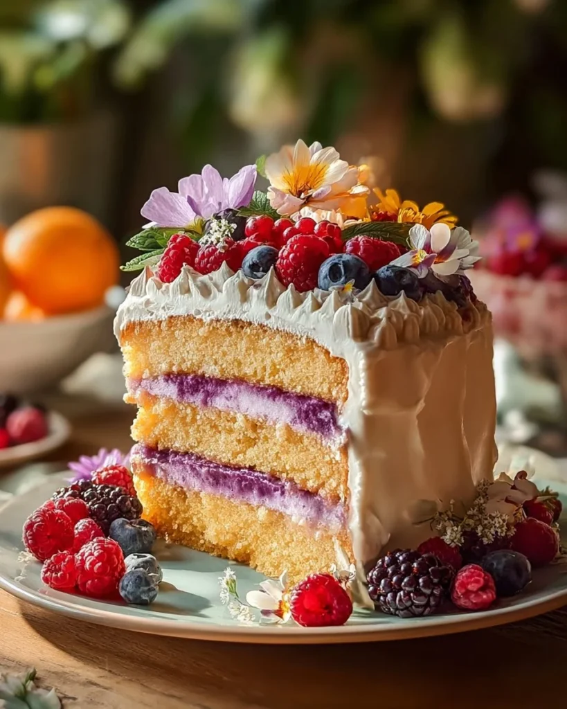 Delicious Heaven On Earth Cake with layers of cream and fruits.