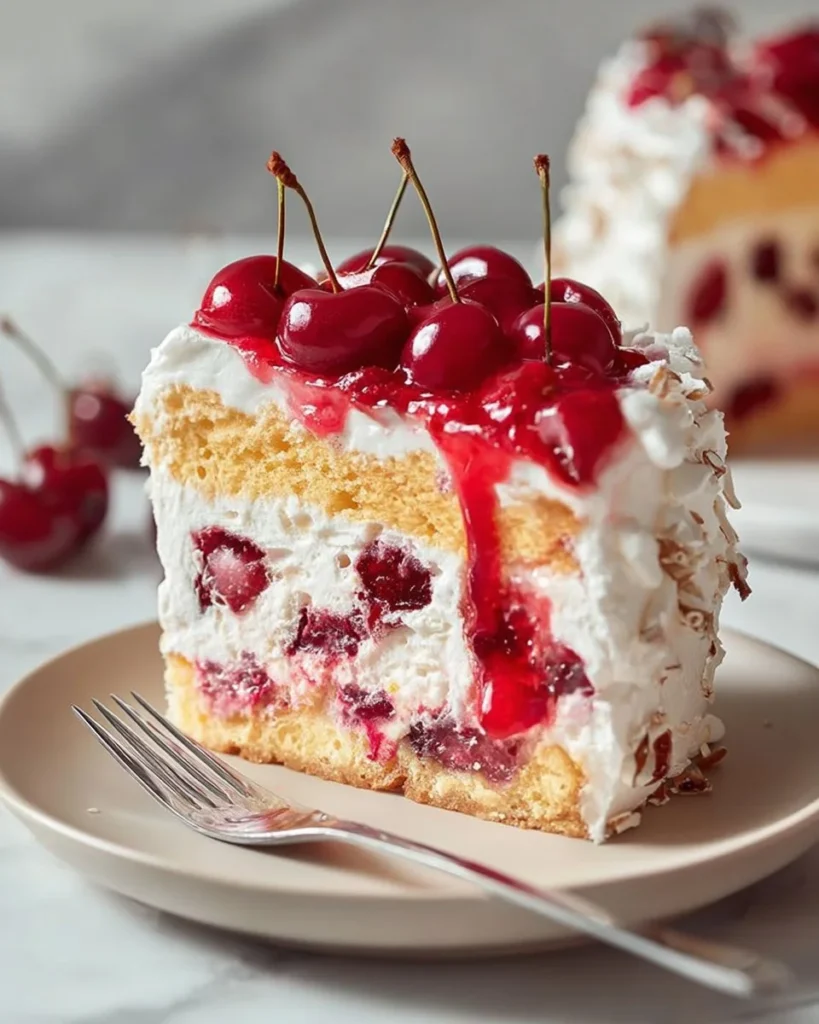 Slice of Heaven On Earth Cake with layers of creamy goodness and fruit toppings