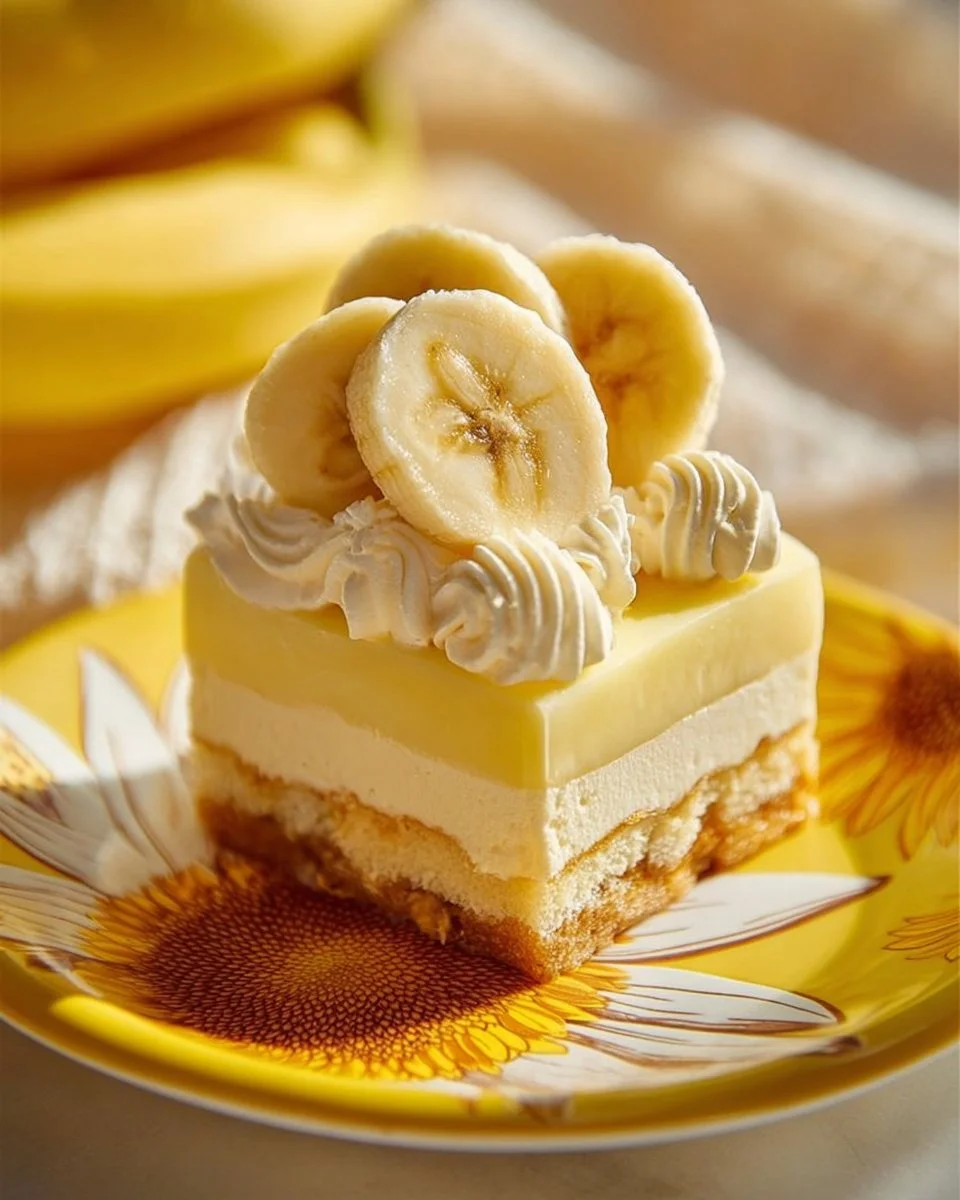 Heavenly Banana Delight Cake topped with creamy frosting and bananas