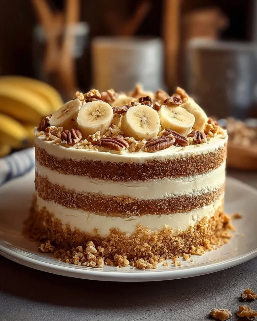 Heavenly Banana Walnut Cake topped with creamy frosting and walnuts