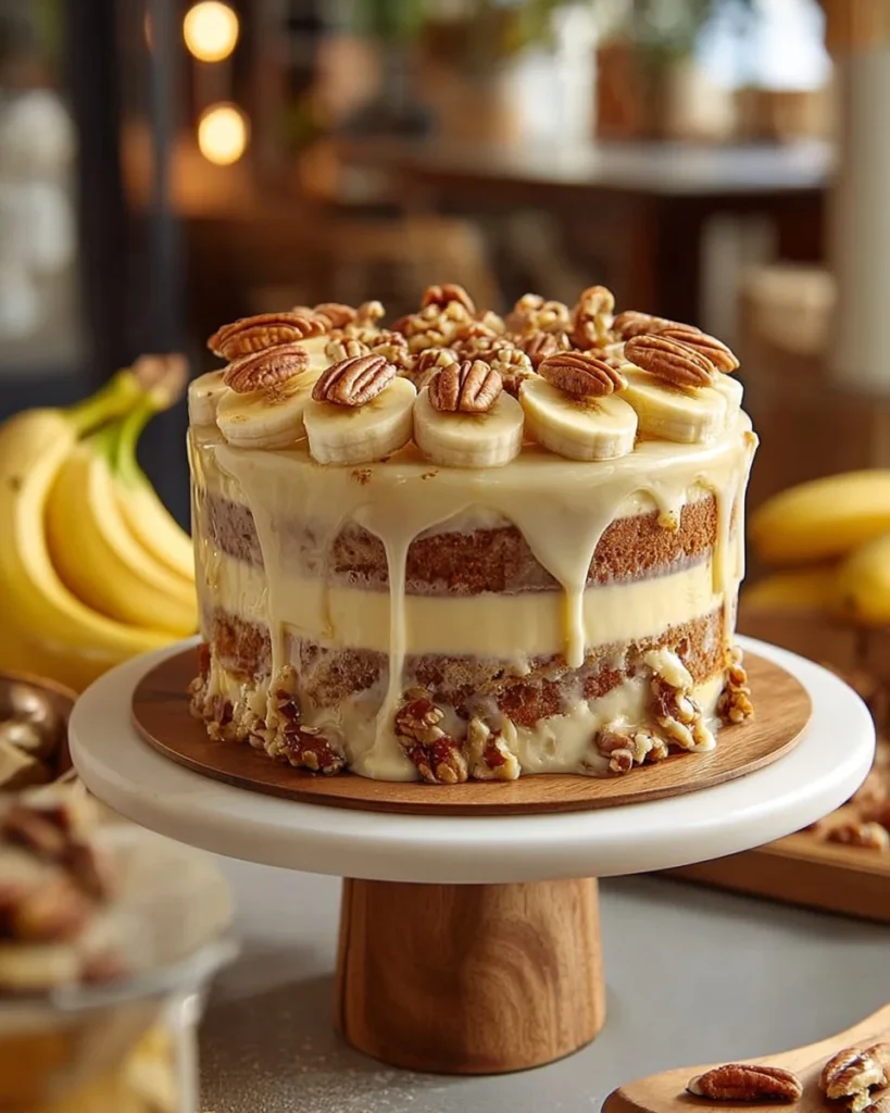 Slice of Heavenly Banana Walnut Cream Cake with walnuts and banana slices