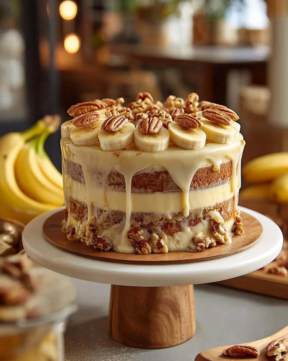 Slice of Heavenly Banana Walnut Cream Cake with walnuts and banana slices