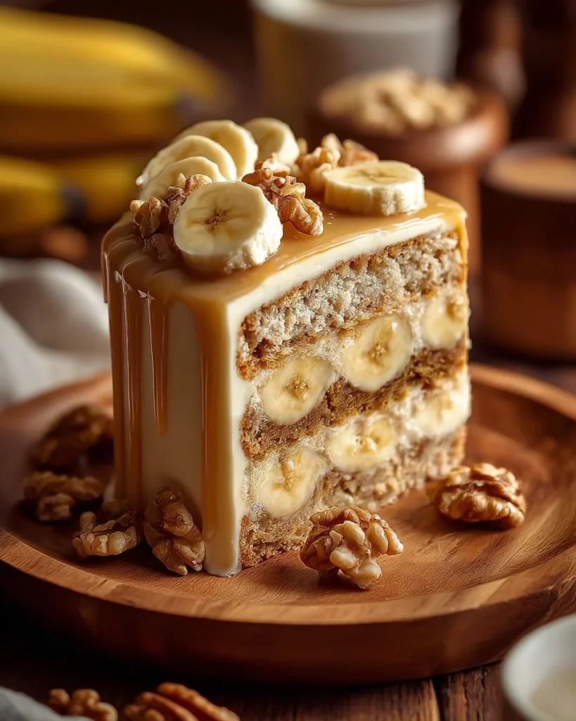 Heavenly Banana Walnut Cream Cake topped with cream and walnuts