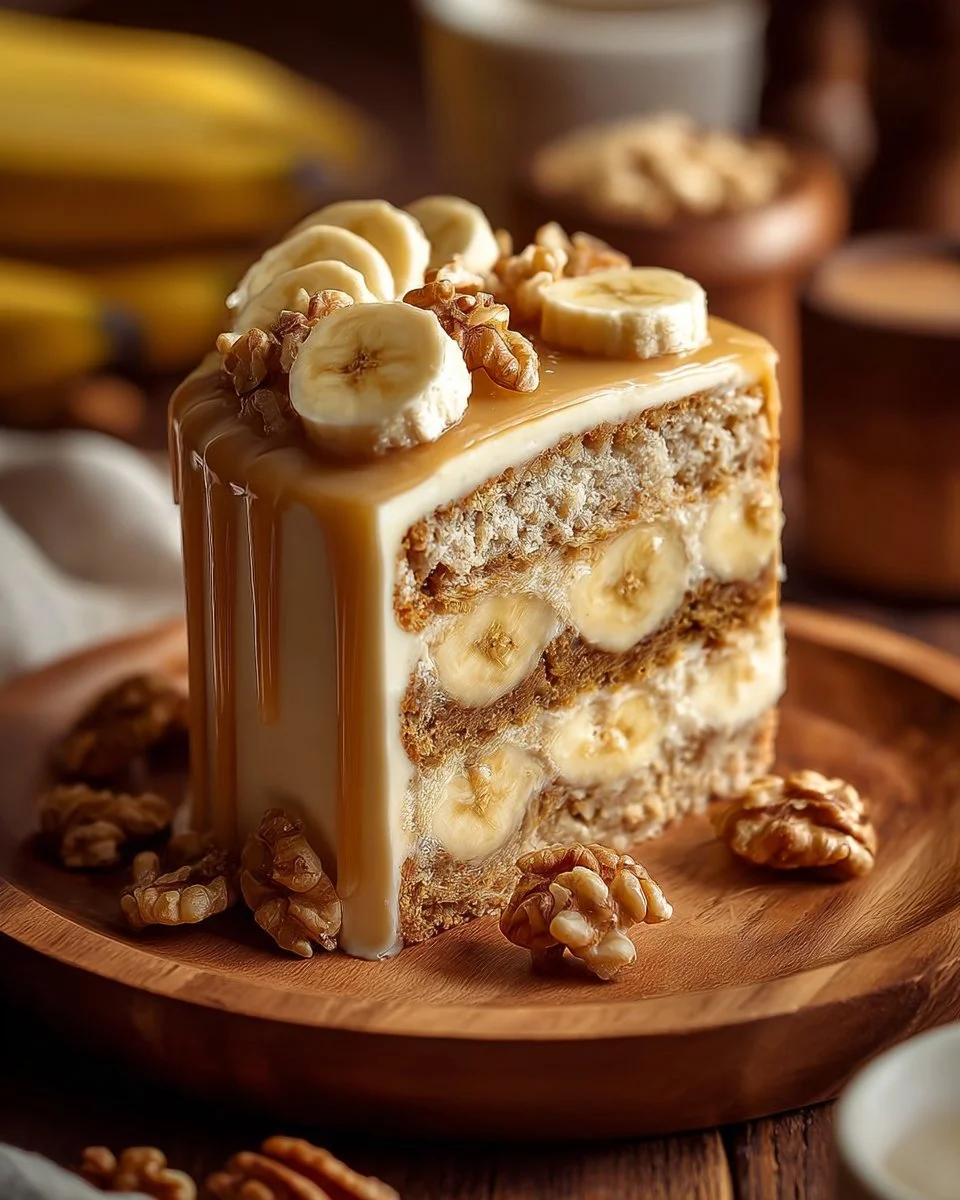 Heavenly Banana Walnut Cream Cake topped with cream and walnuts