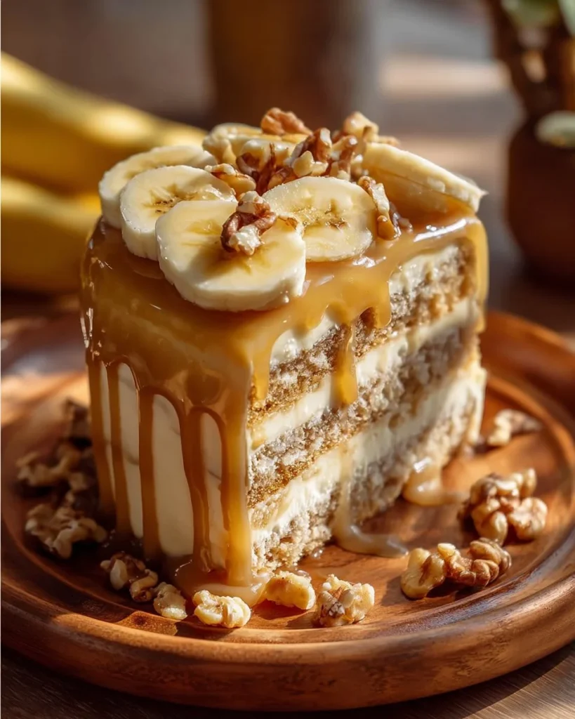 A slice of Heavenly Banana Walnut Cream Cake showcasing bananas and walnuts.